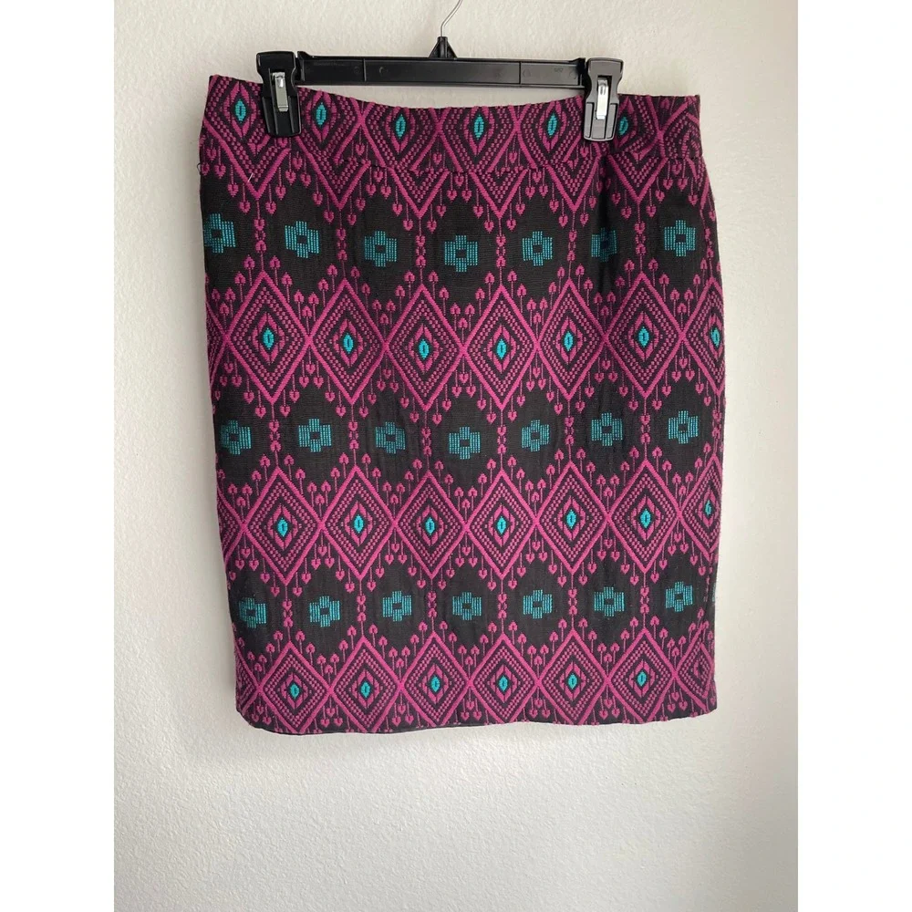Ann Taylor Geometric Ikat Jacquard Pencil‎ Skirt Pink Teal Black Size 10